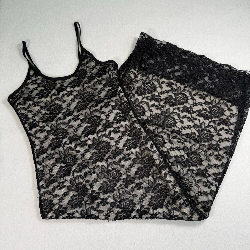 Vintage 90s Long Black Lace Maxi Dress Spaghetti Strap Bodycon Dress Size Medium